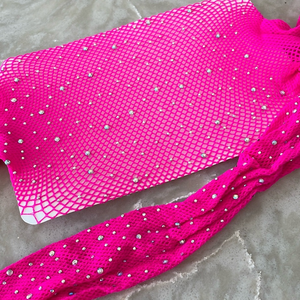 NWT hot pink stripper rhinestone fishnet Stockings bright pink sexy tights